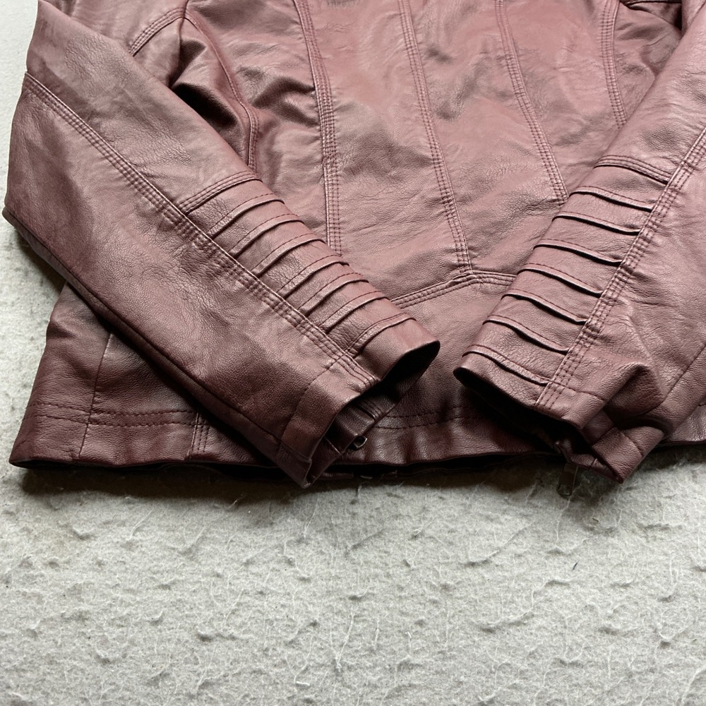 Burgundy Faux Leather Hooded Moto Jacket Faux Fur Lined Pockets Med Streetwear - Picture 5 of 16